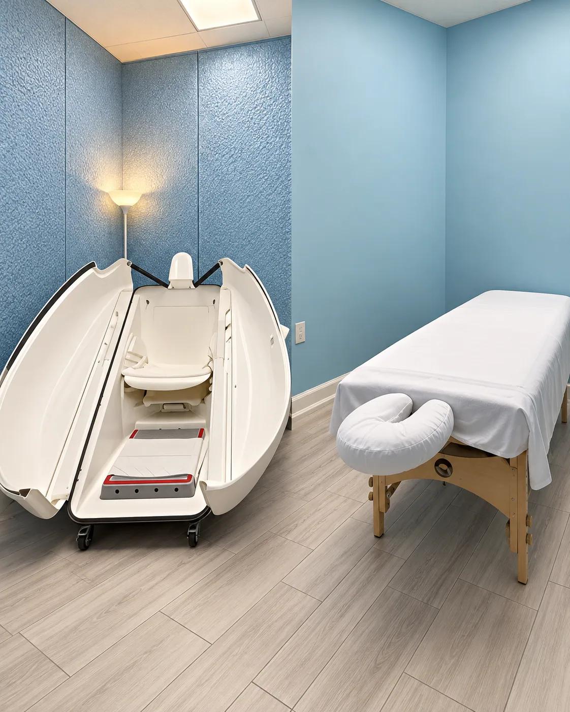 Recreated view of the studio with an open sauna pod and treatment table