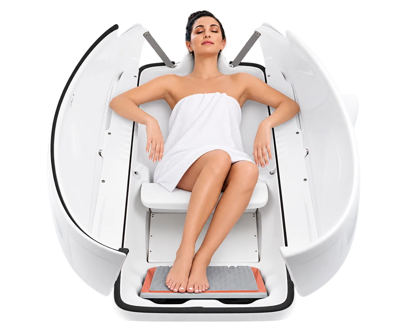 A client resting inside the open ozone steam pod